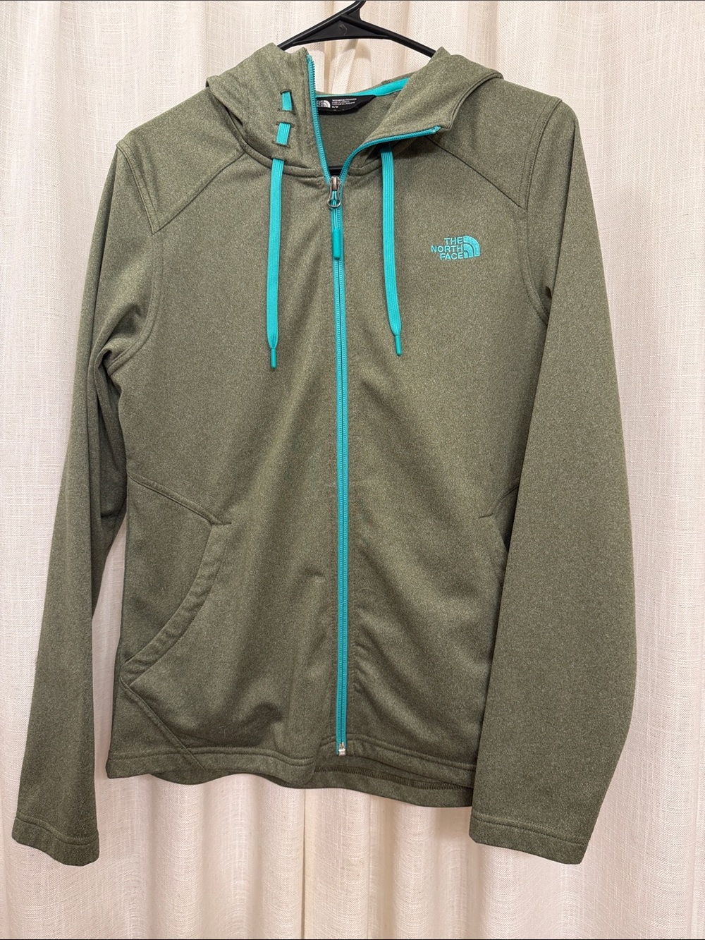 The North Face Olive Green Hoodie with Teal Accents
